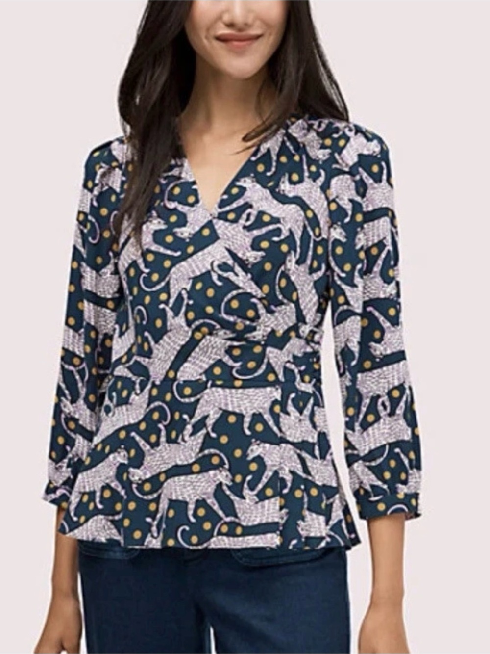 Kate Spade New York Panther Wrap Top Blouse Blue/Purple/Gold Size 14